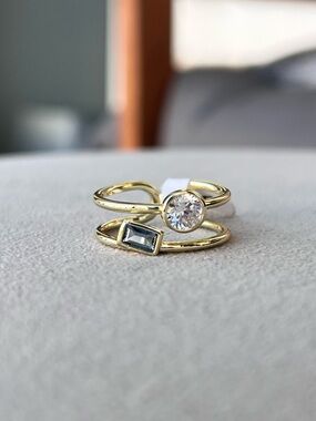 Gold Filled Double Band Ring with Clear and Blue Stones Size 8